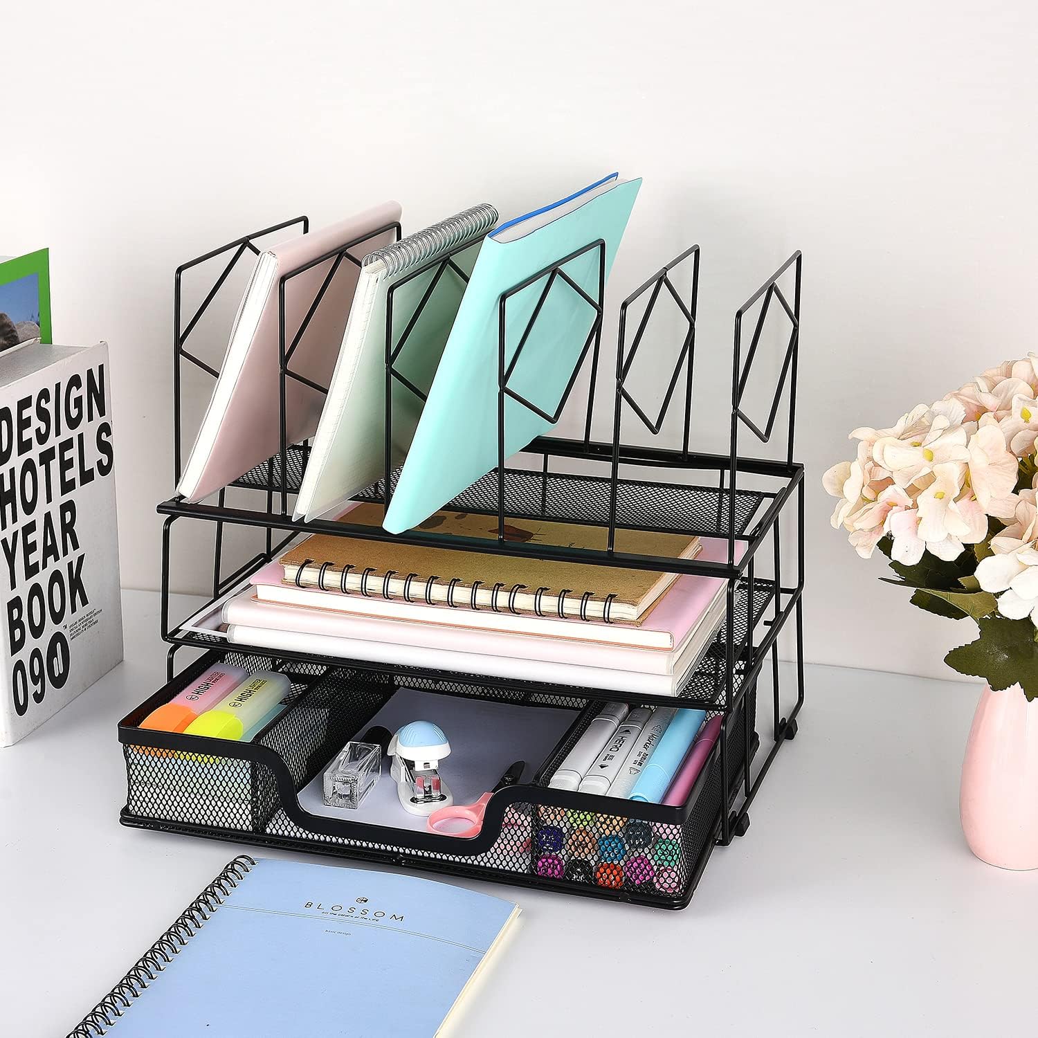 gianotter Desk Organizers and Accessories, Office Supplies Desk Organizer with Sliding Drawer, Double Tray and 5 Upright Sections (Black) - Image 7